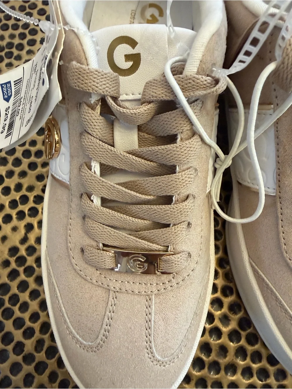 GBG Taupe Suede Low-Top Sneakers with Gold Accents